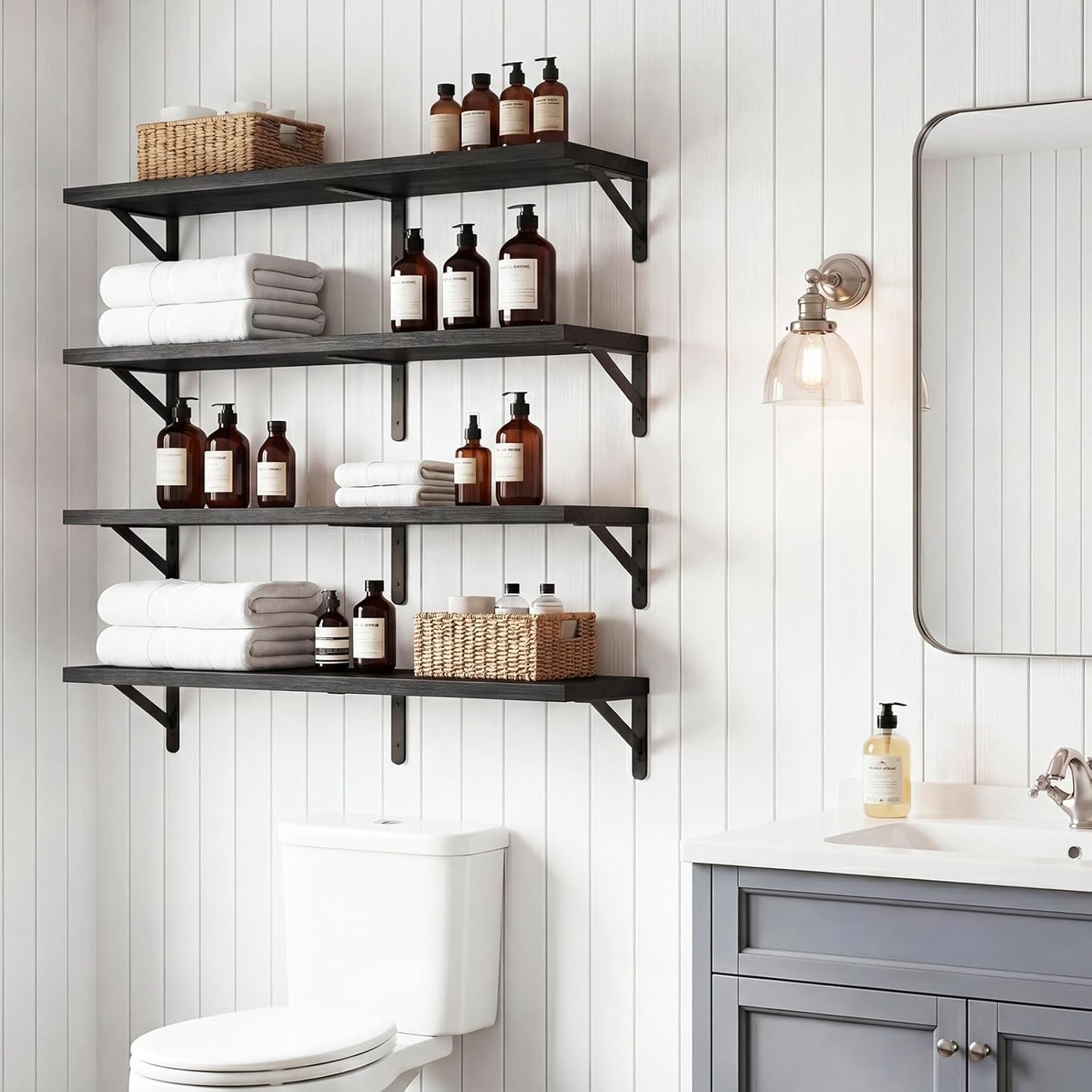 YGEOMER Floating Shelves for Wall, Different Sizes Dark Carbonized Brown Wall Shelves for Living Room, Bathroom, Bedroom, Kitchen, Home Decor (Set of 4)