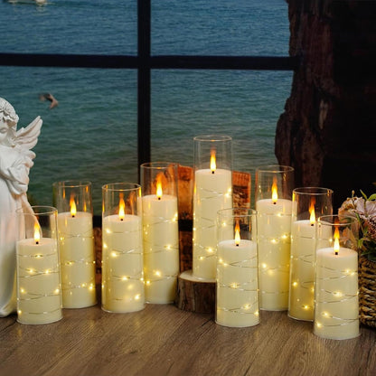 Nimiko Flickering Flameless LED Candles, 9 Pcs with Embedded Star String, Acrylic LED Pillar Candles with Remote, Suitable for Home Decoration (White)