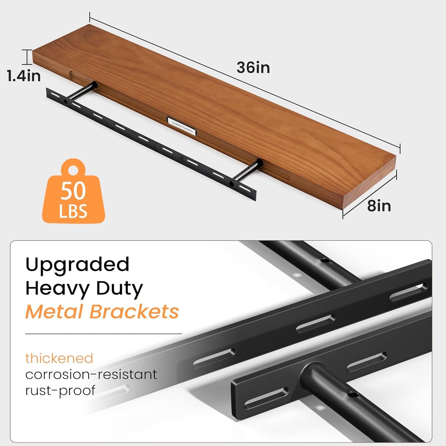 Floating Shelves 36 Inches Long - 8 Inch Deep Rustic Premium Solid Pine Wood for Storage - Farmhouse Wall Mounted for Living Room - Heavy-Duty Metal Bracket - 36" W x 8" D - Set of 2 - White Color