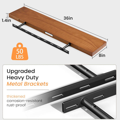 Floating Shelves 36 Inches Long - 8 Inch Deep Rustic Premium Solid Pine Wood for Storage - Farmhouse Wall Mounted for Living Room - Heavy-Duty Metal Bracket - 36" W x 8" D - Set of 2 - White Color