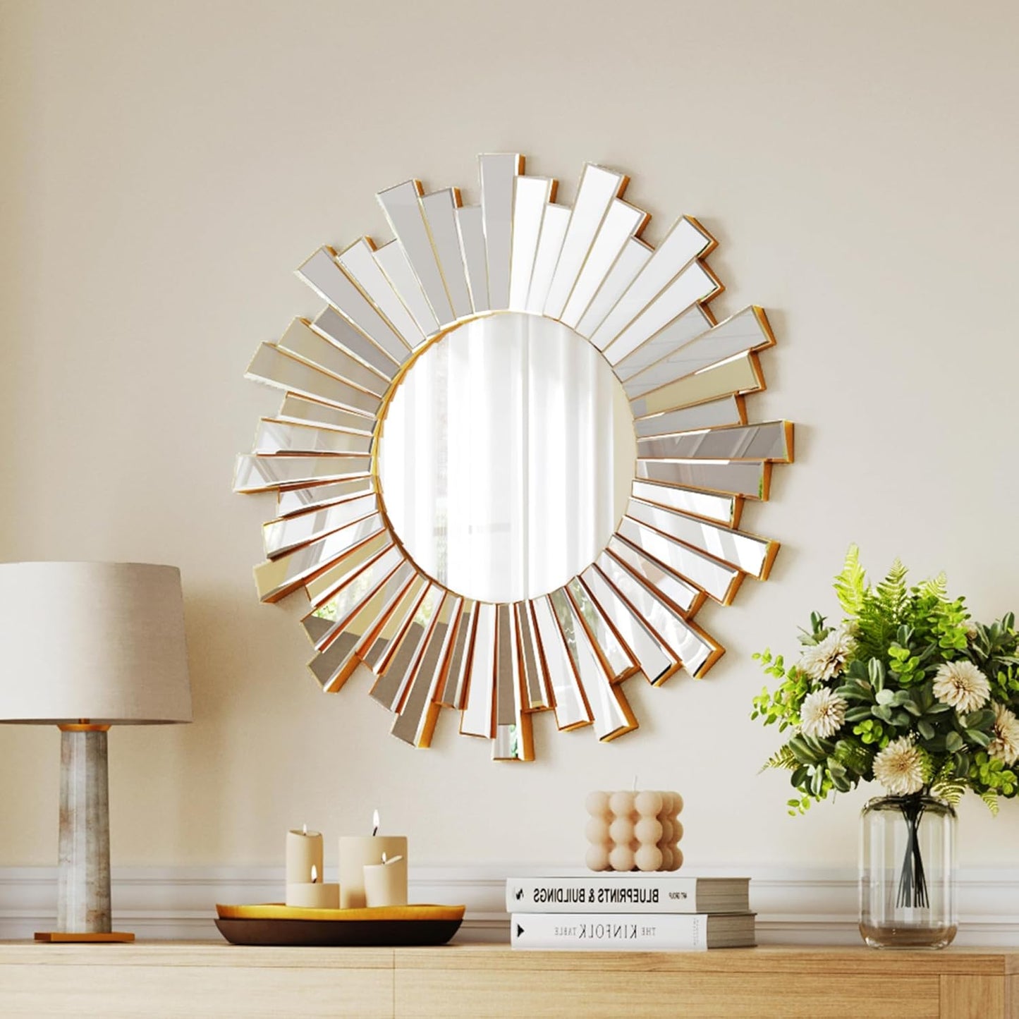 Gold Sunburst Mirror, 26" Sun Mirror Wall Decor with Beveled Glass Frame, Starburst Mirrors for Entryway, Dining Room, Living Room