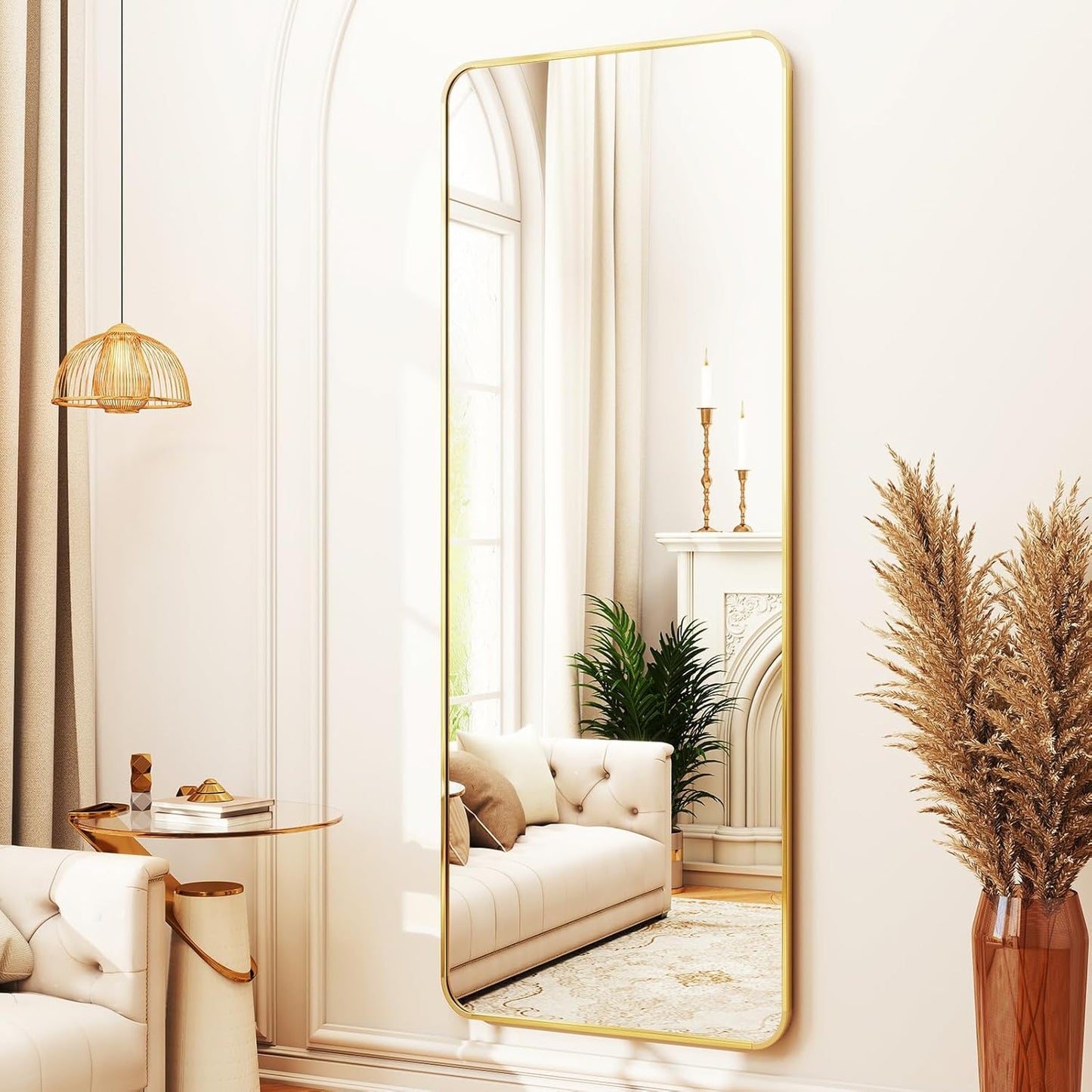 XRAMFY 56"x21" Floor Full Length Mirror Standing Full Body Rounded Corner Rectangle Mirrors with Stand Hanging Wall Mounted Leaning Bedroom Living Room Bedroom Cloakroom,Gold