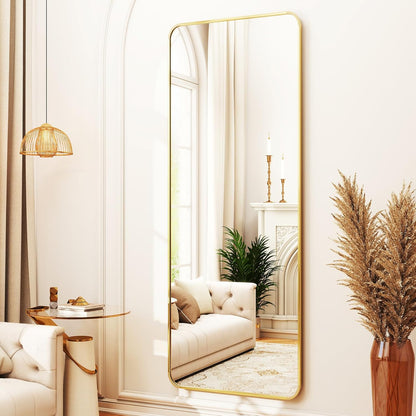 XRAMFY 56"x21" Floor Full Length Mirror Standing Full Body Rounded Corner Rectangle Mirrors with Stand Hanging Wall Mounted Leaning Bedroom Living Room Bedroom Cloakroom,Gold
