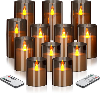 wemarry Flameless Candles 4" 5" 6" Acrylic Glass Pillars 3" Diameter Battery Operated Flickering Candles Include 8-Key Remote with Timer Function 400+ Hours (Gray, Warm Light 3 Pack)