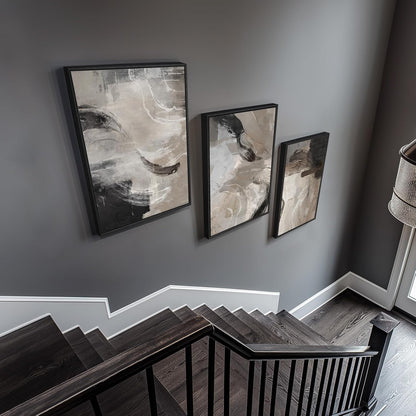 Large Framed Neutral Abstract Wall Art for Living Room, 3 Piece Modern Canvas Prints Paintings Artwork for Walls, Black and Beige Pictures for Living Room Hallway Stair Office Wall Decor 24x36 Inch