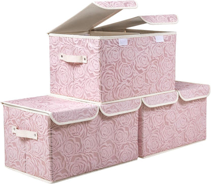 PRANDOM Larger Collapsible Storage Bin with Lid [1-Pack] Fabric Decorative Storage Box Cube Organizer Container Baskes with Handles Divider for Bedroom Closet Living Room Pink 17.7x11.8x11.8 Inch