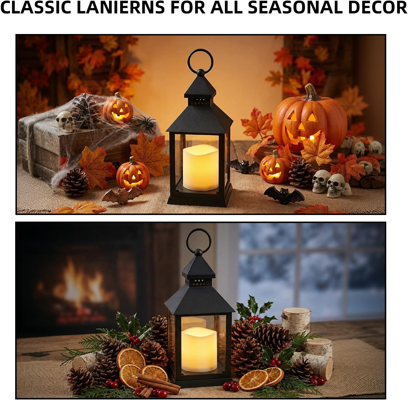 2 Pack 10.2” Candle Lanterns Decorative Indoor Hanging Lanterns with Warm Flickering LED Candle 6 Hours Timer,Black Battery Powered Candle Lantern Table Centerpiece Mantle Shelf Home Decor