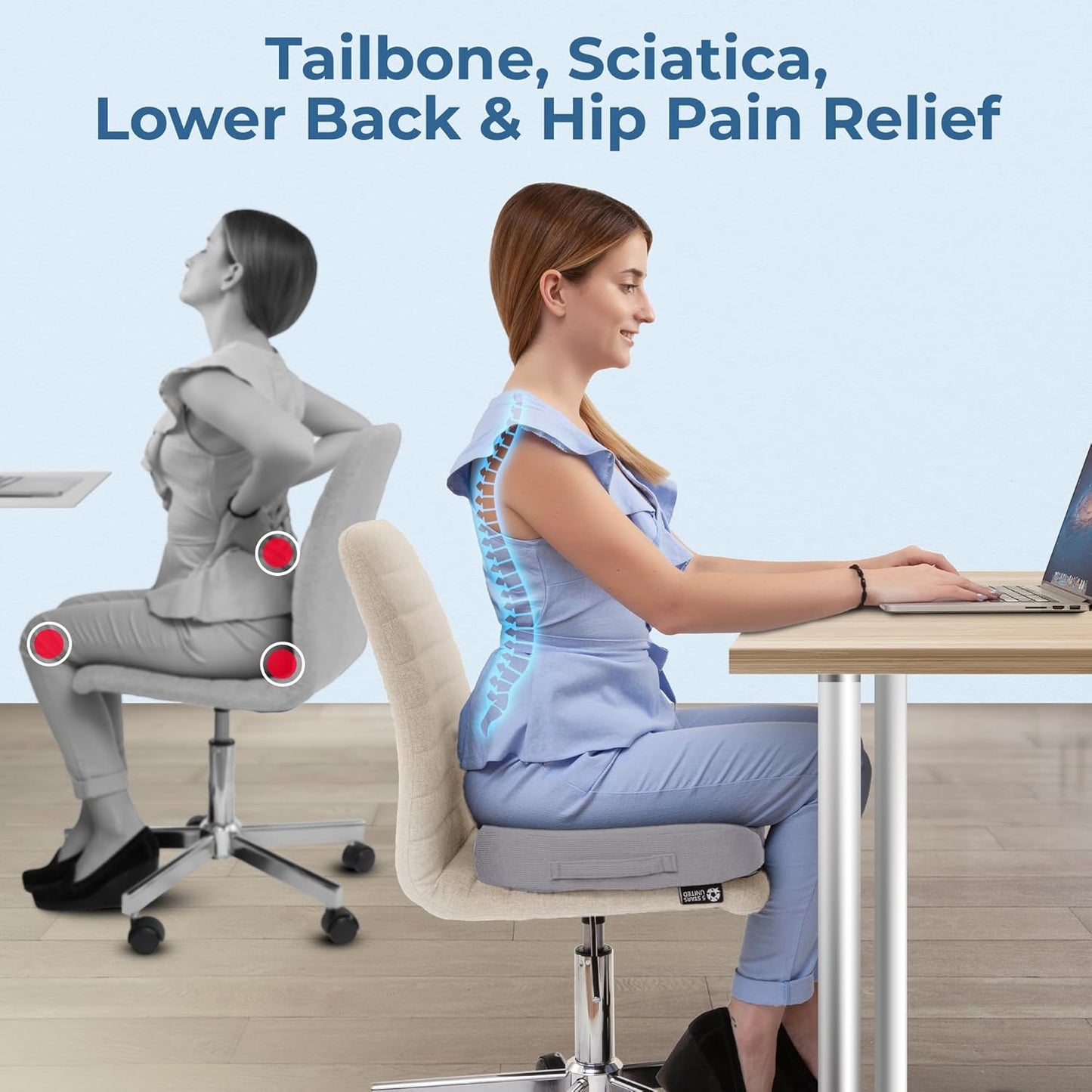 5 STARS UNITED Seat Cushion - Memory Foam Chair Cushion for Tailbone Pain Relief - Ergonomic Support for Coccyx, Sciatica & Butt - Office, Desk & Gaming Chair, Car Seat, Wheelchair, Airplane, Black