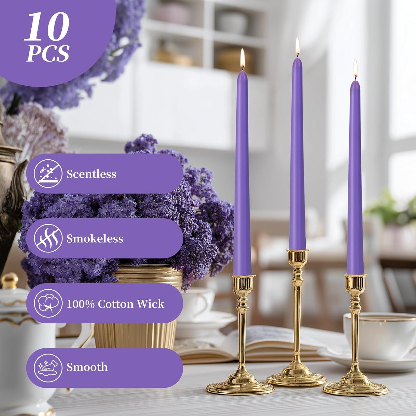 KONNI 0.87×10 Inch Ivory Taper Candles, Unscented and Smokeless Tall Candlesticks, 10 Pack Tapered Candles with Cotton Wicks, Long Burning, Ideal for Weddings, Dinner Parties, and Home Décor