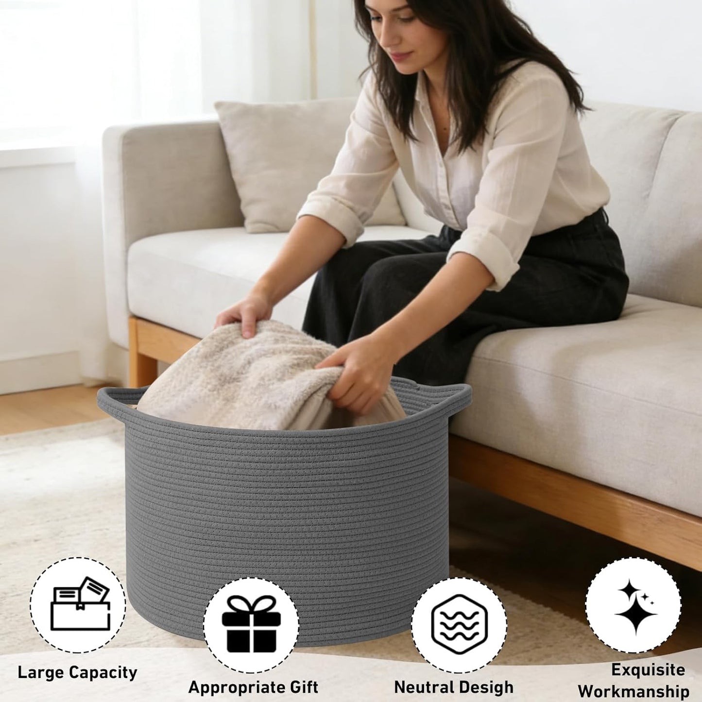 Large Woven Blanket Basket,65L Cotton Rope Laundry Basket Hamper with Handles, Decorative Nursery Basket Storage Bin for Toys, Clothes Organizer, Living Room, Bedroom, Bathroom, White & Brown