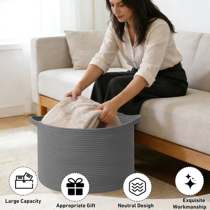 Large Woven Blanket Basket,65L Cotton Rope Laundry Basket Hamper with Handles, Decorative Nursery Basket Storage Bin for Toys, Clothes Organizer, Living Room, Bedroom, Bathroom, White & Brown