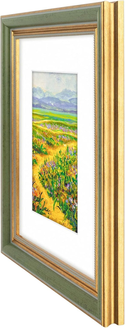 Golden State Art,11x14 Ornate Picture Frame for 8x10 Photo with Mat or 11 x 14 Prints without Mat,Real Glass Wall Display(Color:Green Gold)