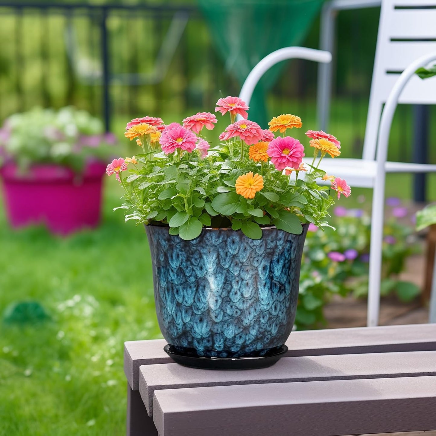 Ceramic Plant Pots - 12 Inch Pots for Plants Indoor Outdoor, Large Round Planter with Drainage Hole and Saucer, Modern Decorative Flower Pot, Home Garden Decor, House Warming Gifts, Blue