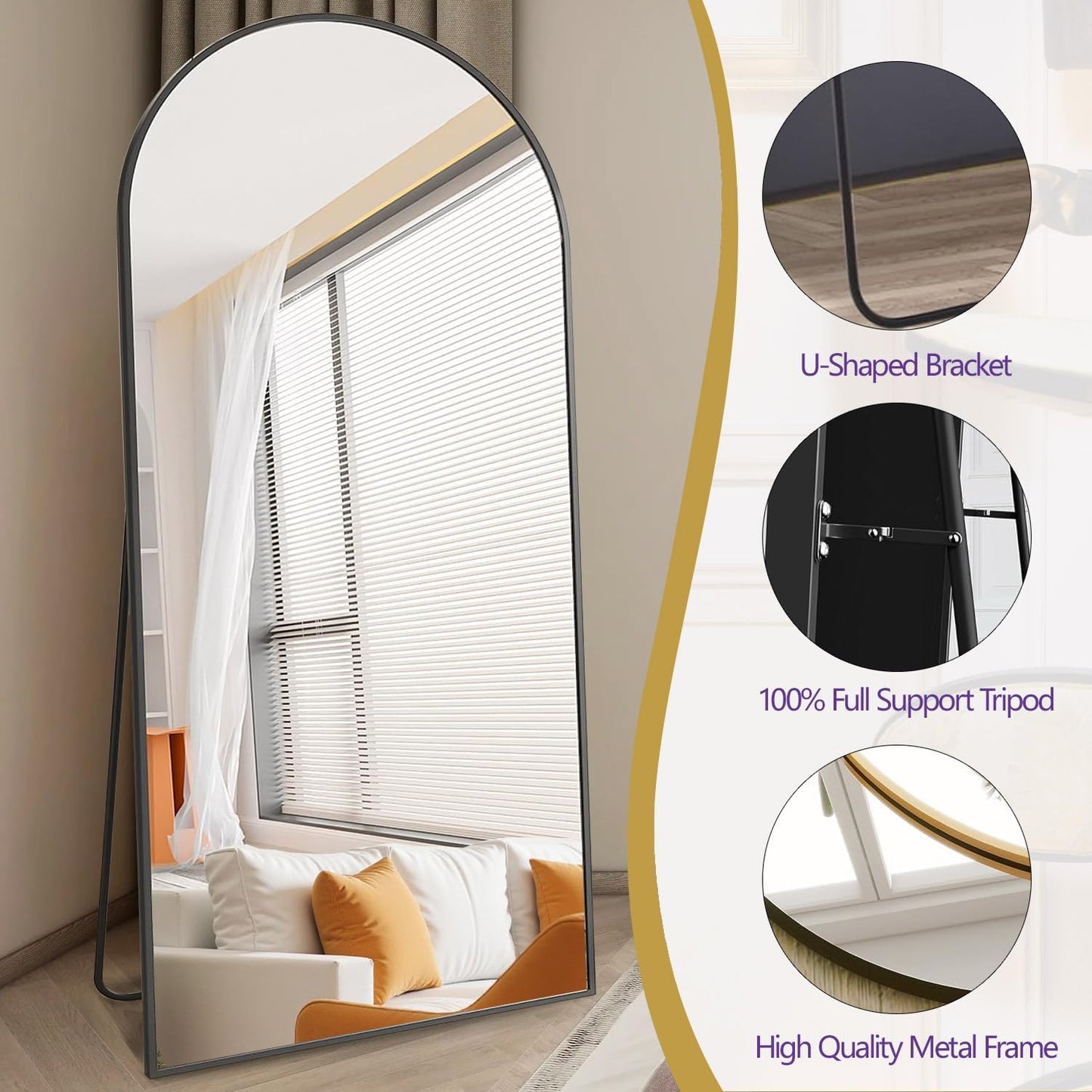 Dewfig Arched Full Length Mirror, 76"x34" Large Floor Mirror, Full Body Mirrors for Leaning or Hanging, Standing Mirrors for Bedroom, Living Room,Dressing Room, Aluminum Alloy Frame, Black