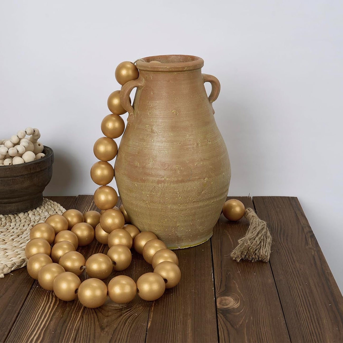 OMISHE Extra Large Wood Bead Garland with 1.6" Diameter Wooden Beads and Tassels, 41" Long Rustic Farmhouse Country Decorative Beads for Home Tiered Tray Decor, Natural Beige