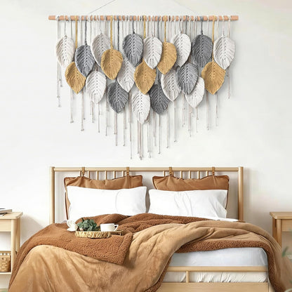 KHOYIME Large Macrame Wall Hanging Boho Woven Tapestry, Chic Home Decor Modern Bohemian Handmade Leaf Feather Wall Art Decorations for Apartment Dorm Living Room Bedroom Nursery Backdrop 39"W X 29.5"L