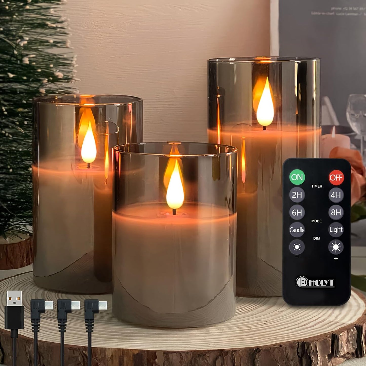Rechargeable Flameless Glass Pillar Candles–Gifts for Women,–Set of 3, Realistic Flickering LED Light,Remote & Timer, Ideal for Living Room, Bedroom & Festival Wedding Home Party Decor