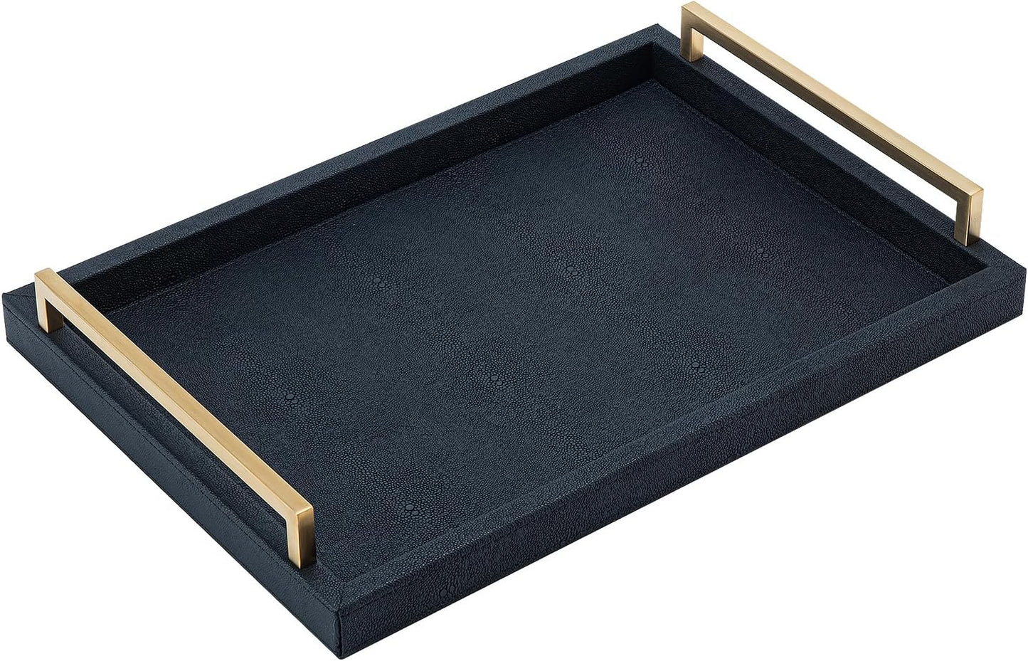 XIGEXIGE Ivory Shagreen Decorative Tray Large Rectangle Coffee Table Tray for Ottoman Faux Leather Serving Tray with Brushed Gold Handles