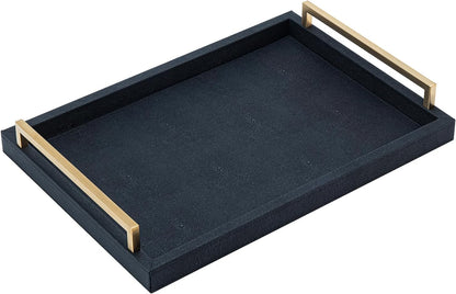 XIGEXIGE Ivory Shagreen Decorative Tray Large Rectangle Coffee Table Tray for Ottoman Faux Leather Serving Tray with Brushed Gold Handles