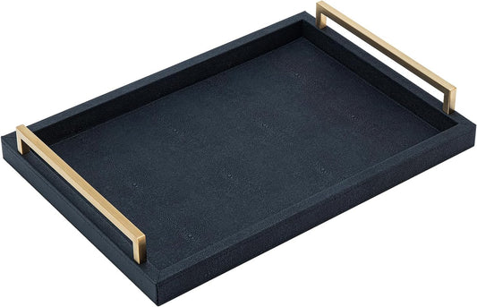 XIGEXIGE Ivory Shagreen Decorative Tray Large Rectangle Coffee Table Tray for Ottoman Faux Leather Serving Tray with Brushed Gold Handles