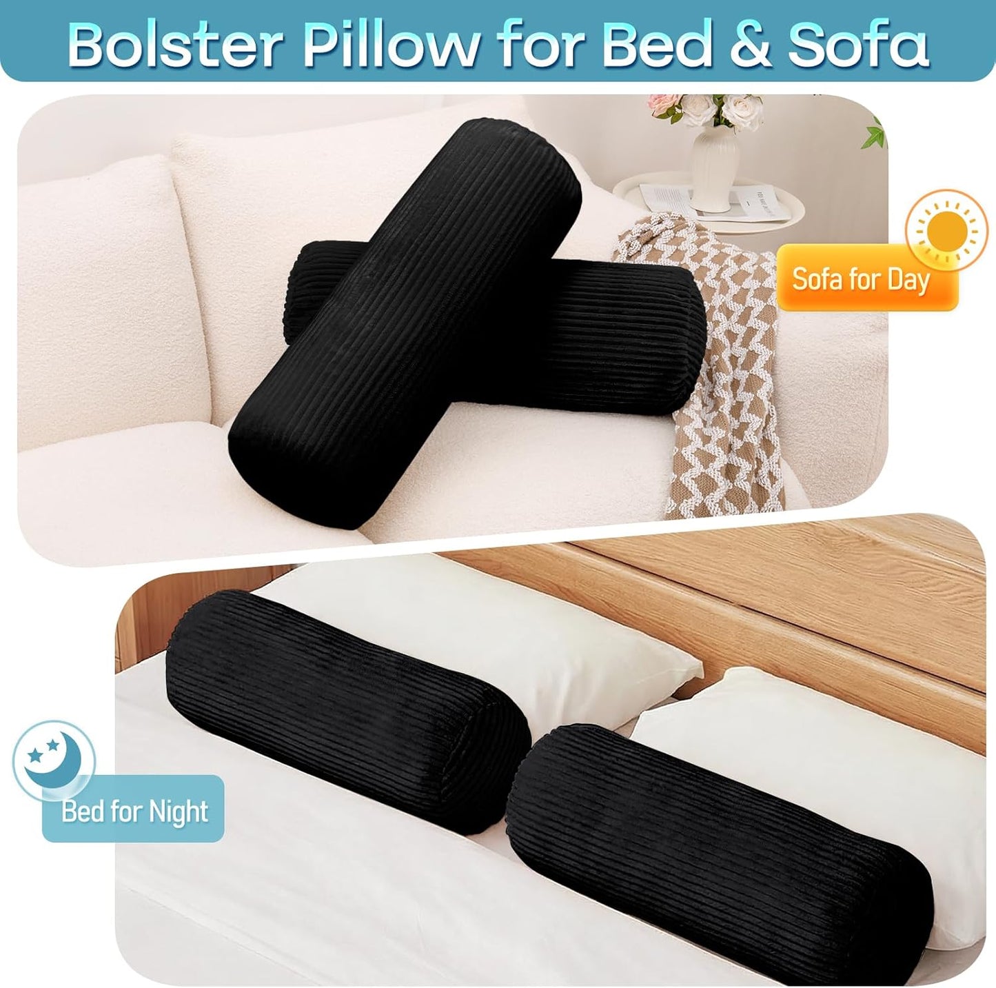 1 MIDDLE ONE Body Pillow, Memory Foam Body Pillows for Adults Sleeping, Decorative Bolster Pillow for Bed & Couch, Long Cylinder Tube Round Pillow, 24x7.87 Inches, Set of 2 (Light Grey)