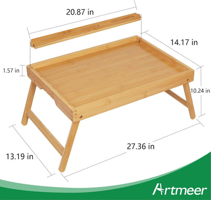 Bed Tray Table with Handles Folding Legs,Bamboo Breakfast Food Tray with Media Slot,Use As Platter,Laptop Desk,Snack,TV Tray Kitchen Serving Tray Black Large
