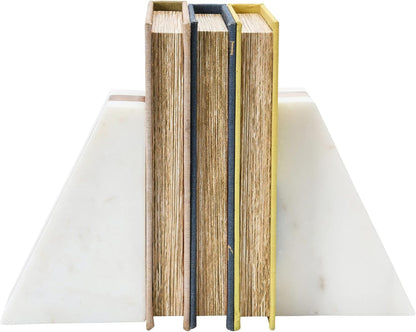Main + Mesa Marble Geometric Bookends with Wood Inlay, White