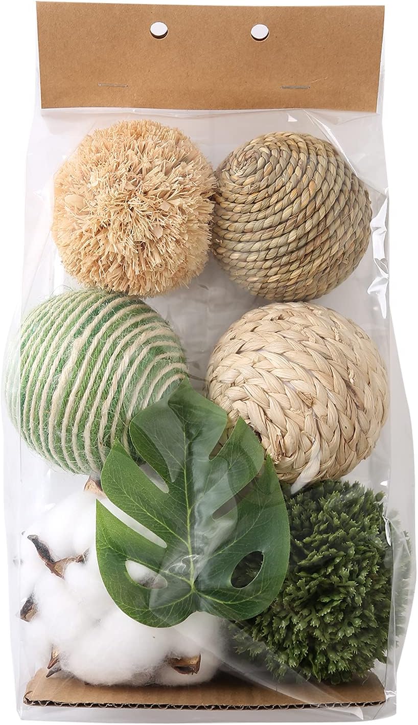 6pcs 3.5inch Woven Wicker Rattan Balls Decorative Ball Twig Orbs Green Orbs Vase Bowl Filler for Tabletop Decor (Beige White)