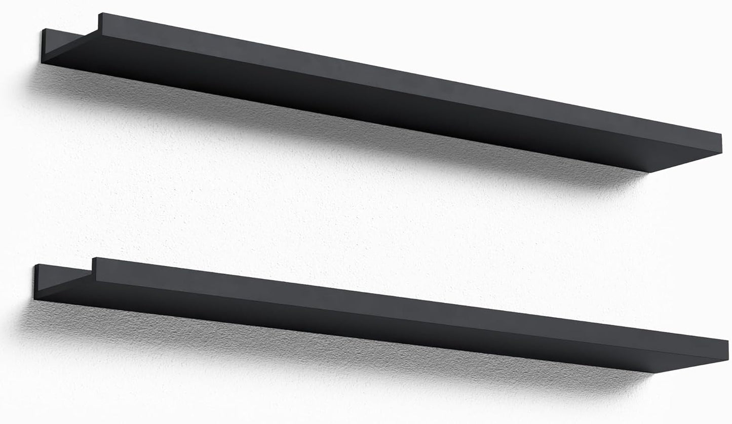 Boswillon Floating Shelves Wall Mounted Set of 2, Modern Black Wall Shelves for Storage with Lip, Display Picture Ledge Shelf for Wall Decor Bedroom Living Room Bathroom Kitchen