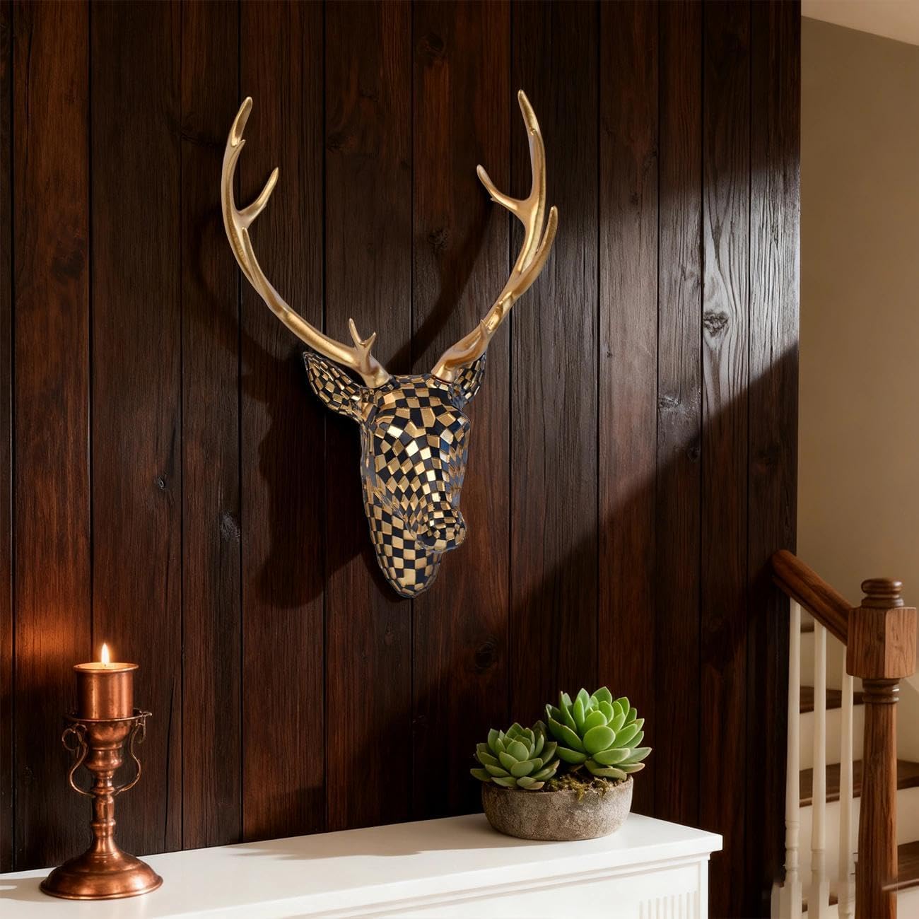 GIGICICI Mosaic Deer Head Wall Decor 15.7x8.7 Inch, Artistic Faux Resin Animal Head Wall Sculpture Hanging for Living Room Bedroom Kitchen Office, Black-White Gift