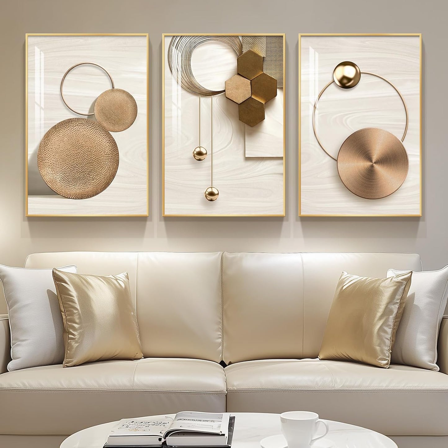 Framed Modern Luxury Gold Wall Art, Set of 3 Piece Contemporary Paintings Artwork for Walls, Golden Prints Pictures with Gold Frame, Wall Decor for Living Room, Hallway, Bedroom, Office 16x24 Inch