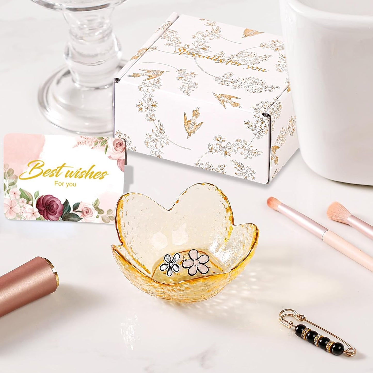 Purple Flower Jewelry Dish Glass Ring Holder Dish Jewelry Tray Cute Vanity Organizer Aesthetic Nightstand Bathroom Room Decor Trinket Dish Mothers Day Friendship Christmas Birthday Gifts for Women