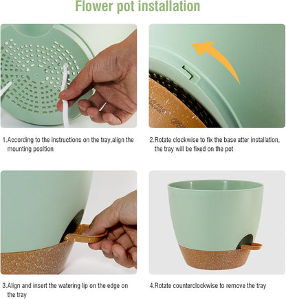 WSMKSZ 10/9/8 inch Self Watering Pots, Planter, Plant Pots with Mesh Drainage Holes for Indoor Outdoor Garden Plants, Plastic Flower Pots with Deep Reservoir for House Plants, Green with Brown