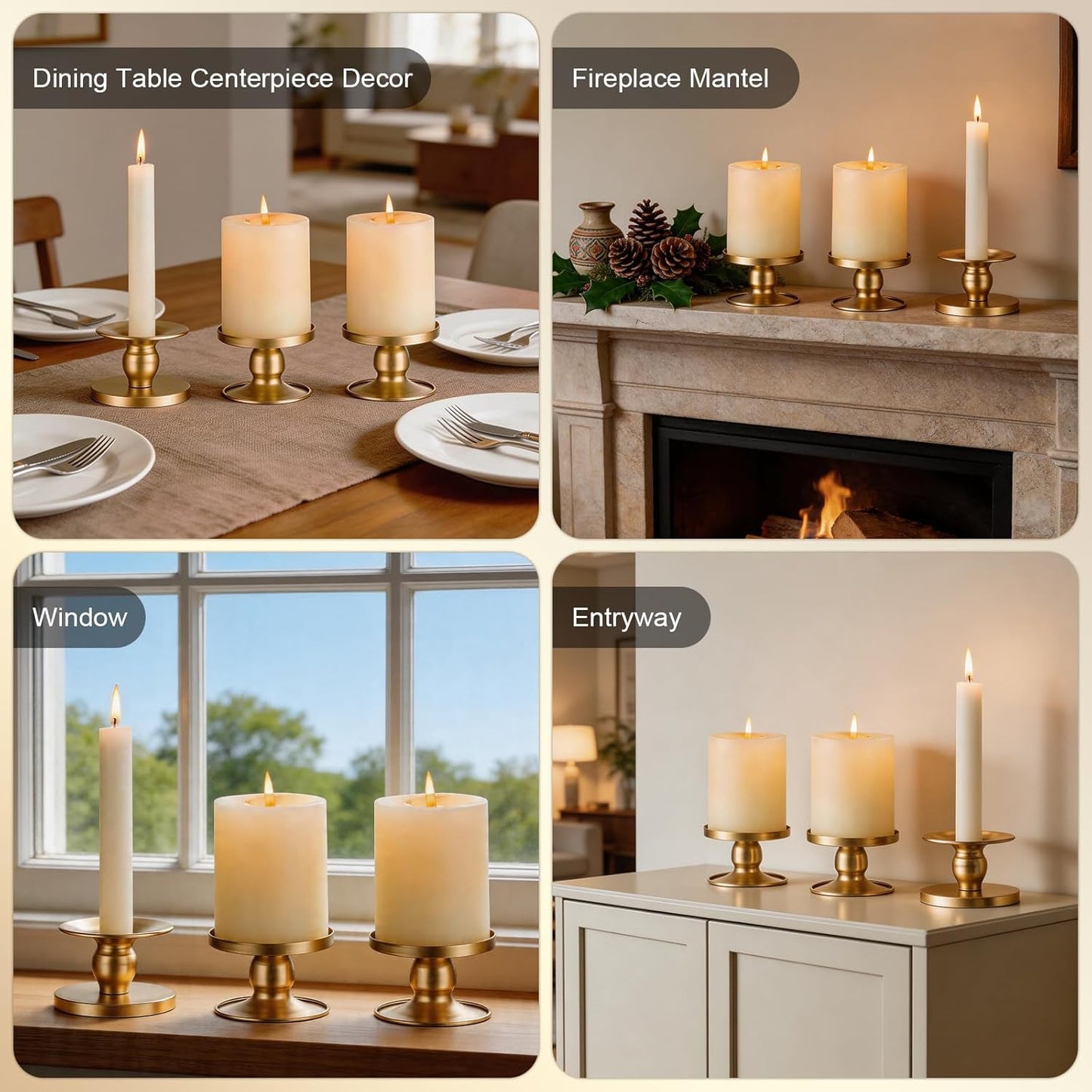 Pillar & Taper Dual Candle Holder: Fit 3"D and 0.87"D Candles - Stable Wide Base & Easy Clean - Smooth Metal Texture Candlestick for Wedding Home Holiday Table Centerpiece Decor - Set of 3 Gift (Gold)