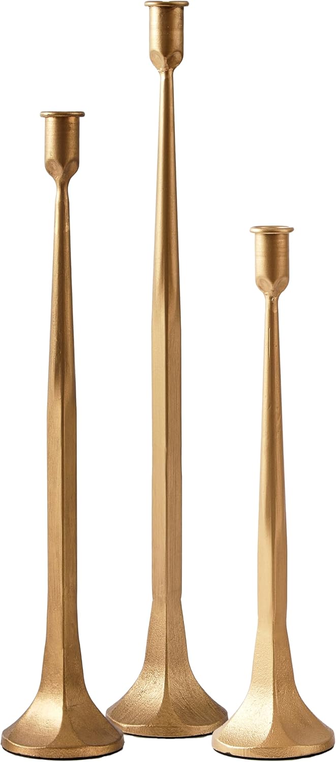 Denique Iron Taper Candle Holder Set of 3, Gold Candlestick Holders Decorative Candle Stand, Tapered Candle Holders Tall Set for Wedding, Dining Table, Home Decoration (Gold)