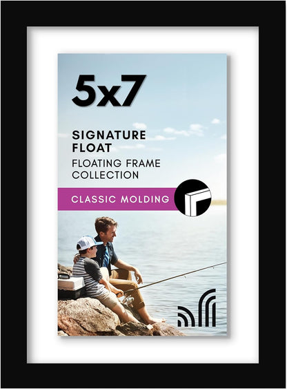 Americanflat 8x10 Floating Picture Frame with Polished Crystal-Clear Glass - Use as 5x7 Picture Frame or Display 4x6 Photo - Signature Float Collection - Photo Frames for Tabletop or Wall - Black