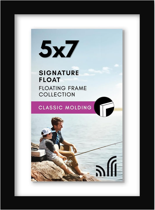 Americanflat 8x10 Floating Picture Frame with Polished Crystal-Clear Glass - Use as 5x7 Picture Frame or Display 4x6 Photo - Signature Float Collection - Photo Frames for Tabletop or Wall - Black