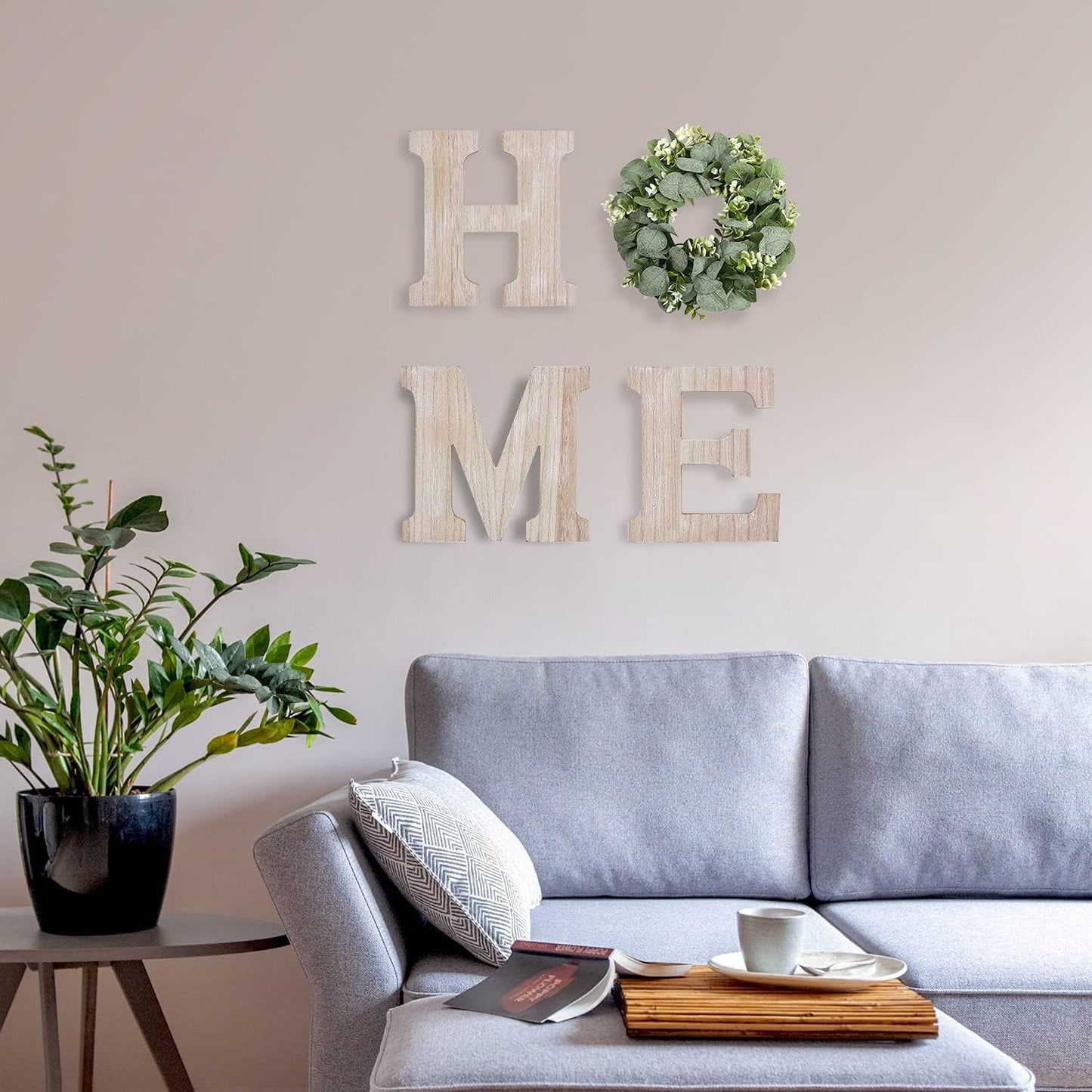 Pinkpum Wood Home Sign with Artificial Eucalyptus Wreath for O, Hanging Farmhouse Wall House Decor Wood Letters for Wall Art Rustic Home Decor, Wall Decor for Living Room Kitchen Entryway (Black)