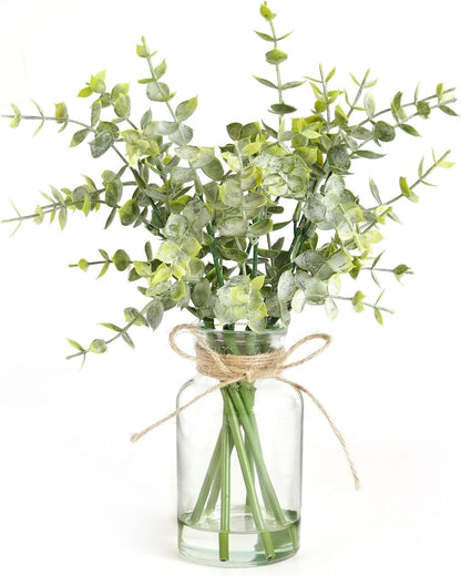 Muhanjia Artificial Eucalyptus Stems in Glass Vase with Faux Water,3Pcs Fake Plant with Double-Sided Green Leaves for Centerpiece(Double-Sided Green Eucalyptus)