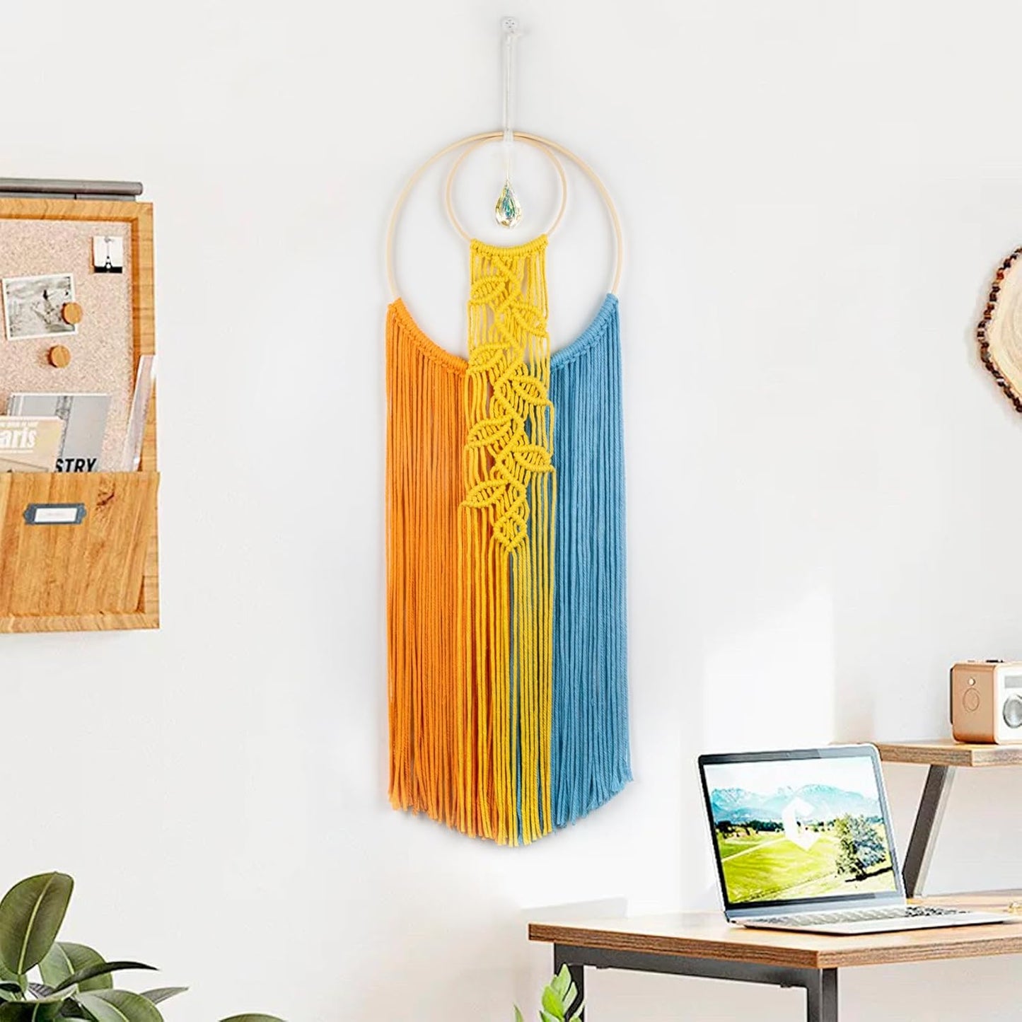 LB Boho Macrame Wall Hanging - Green and Beige Handmade Cotton Woven Decor, Modern Geometric Bohemian Tapestry Wall Decor for Bedroom Living Room Home (31.5"x9.84") Nature-Inspired Room Decor