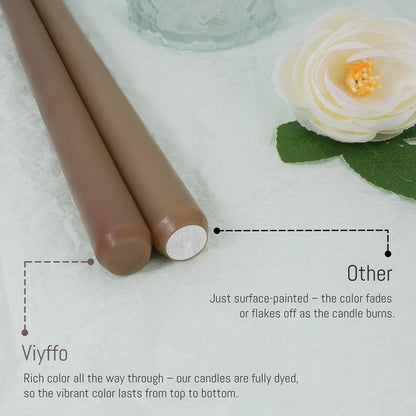 Viyffo Taper Candles, 12 Inch, 12 Pack, Brown – Unscented, Smokeless Design, Up to 8-Hour Burn – Tall Candlesticks for Table Decor, Weddings & Dinners