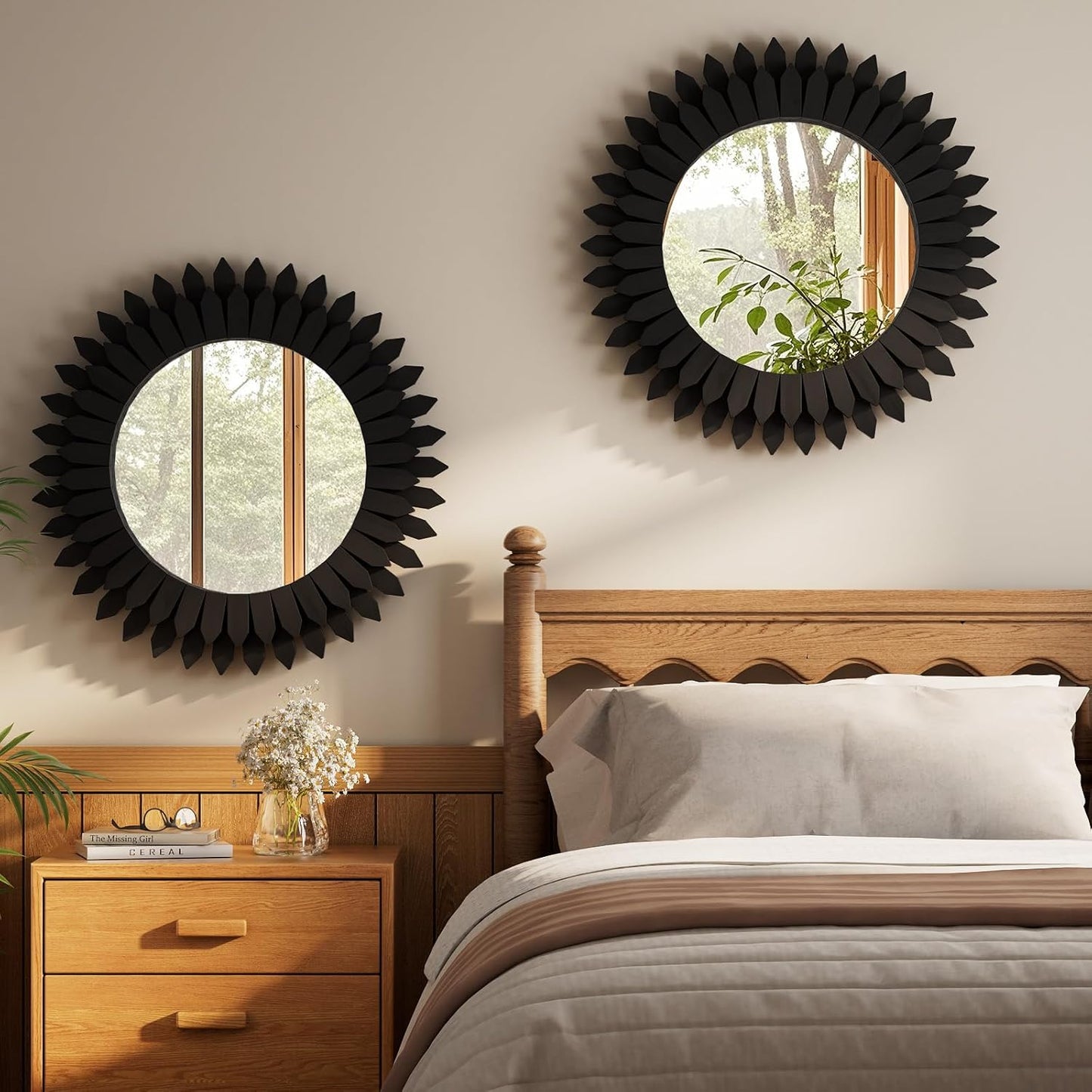 20 Inch Brown Boho Wall Decor Sunburst Mirror - Round Wooden Wall Decor, Handmade Rustic Circular Mirror for Living Room, Bedroom, Entryway, Office