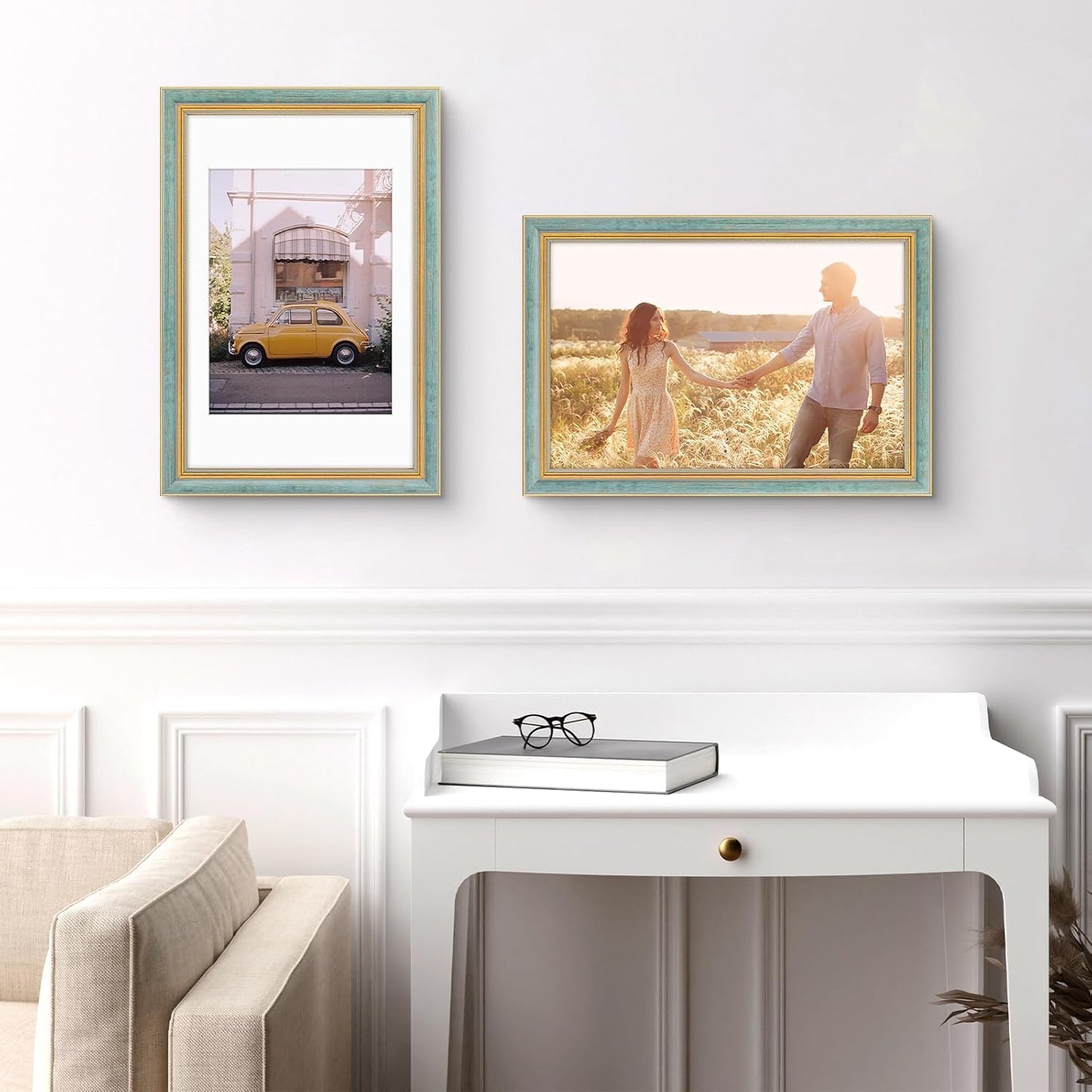 Golden State Art,11x14 Ornate Picture Frame for 8x10 Photo with Mat or 11 x 14 Prints without Mat,Real Glass Wall Display(Color:Green Gold)