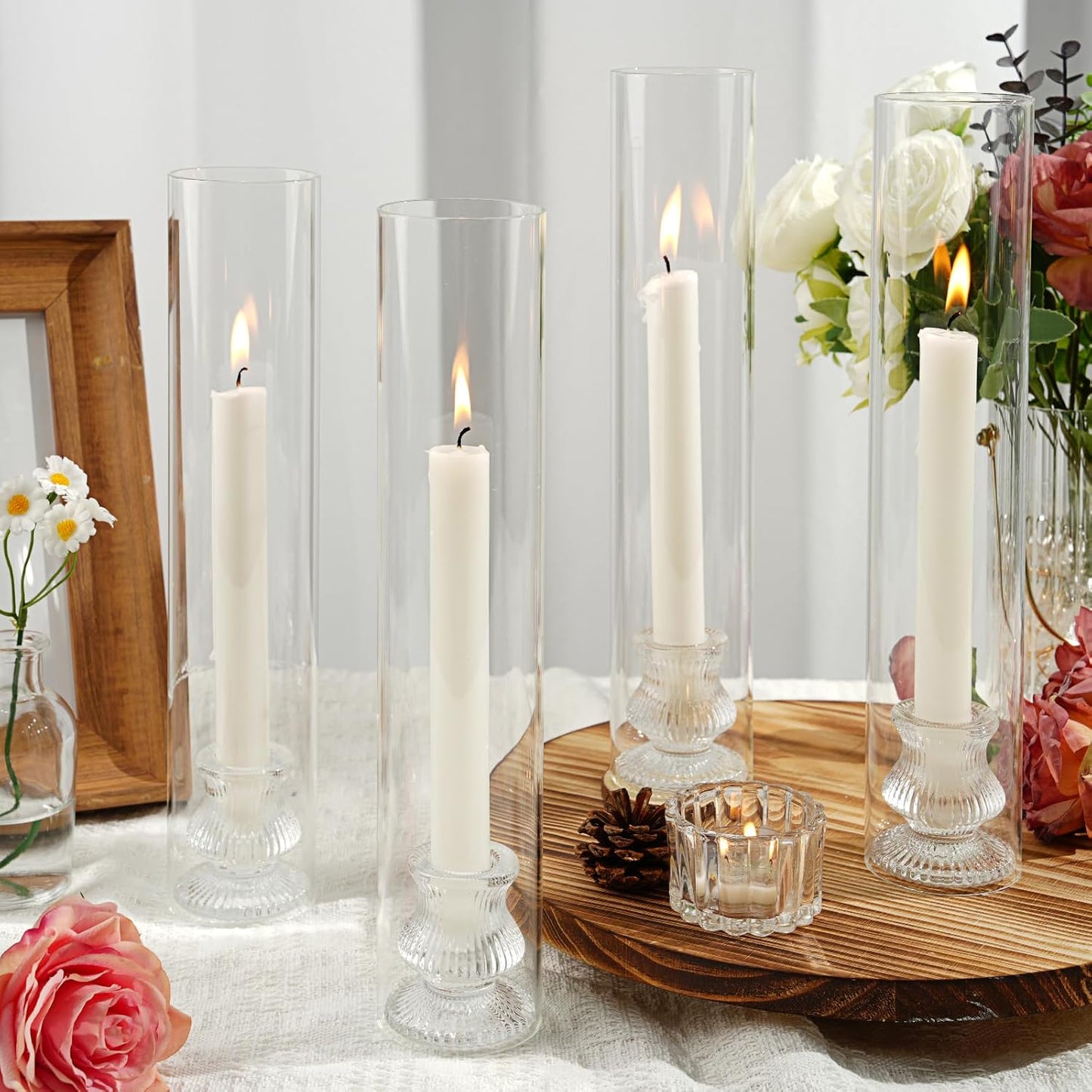 Hurricane Glass Candle Holders, Set of 10 Candlestick Holders for Taper Candle with 11.8" Tall Windproof Cylinder Covers Candle Stand Bulk for Table Centerpieces on Wedding Birthday Housewarming Decor