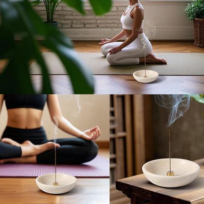 Koville Natural Marble Incense Holder, Incense Holder for Sticks with 9 Holes, Handmade Incense Burner Ash Catcher for Meditation Yoga SPA, Balsam Fir/Palo Santo/Sage/Cone (Green)