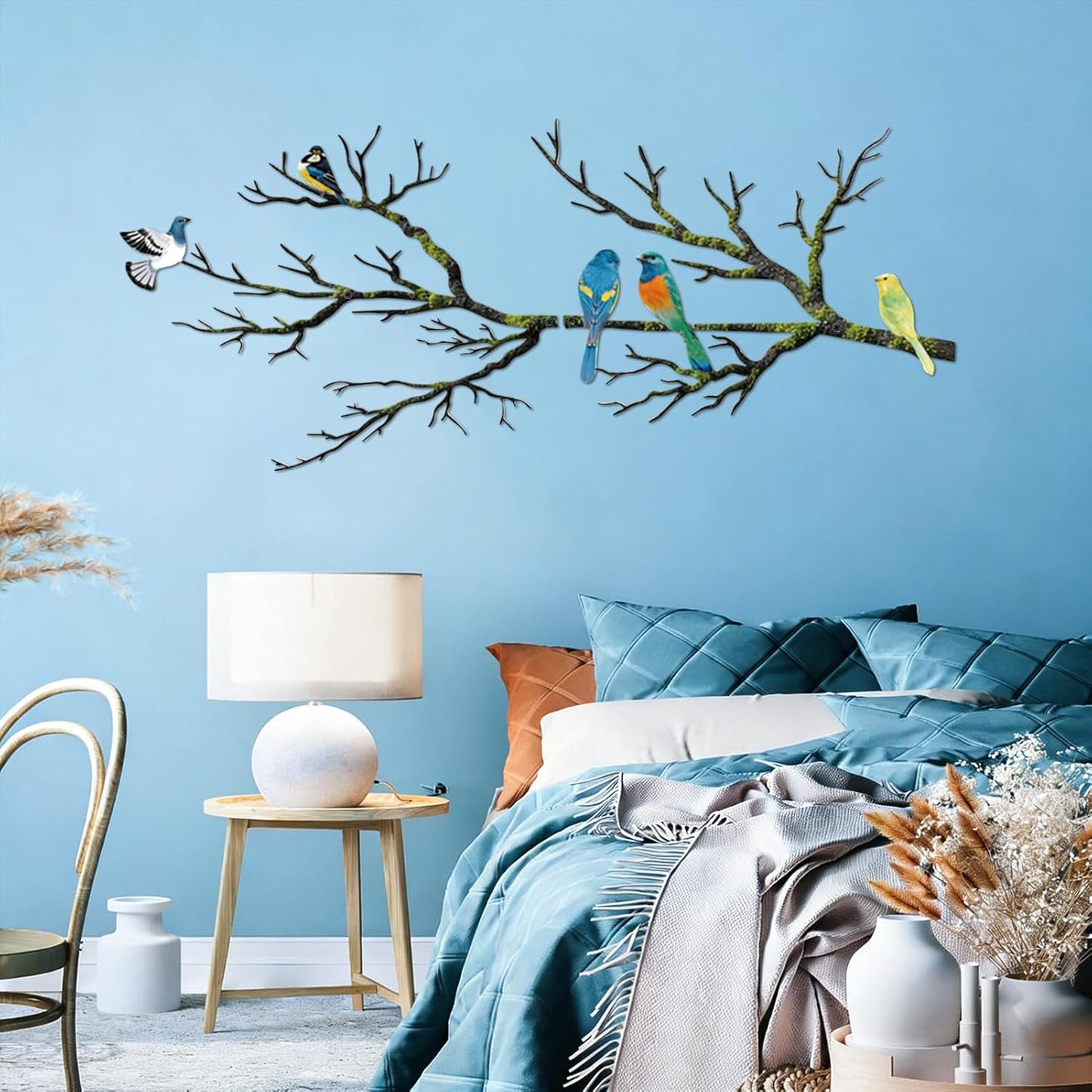 Metal Birds Wall Art, Metal Vivid Birds on Branch Silhouette Wall Decor Black Leaves with Bird Outdoor Hanging Wall Sculpture for Home Balcony Garden(Large)