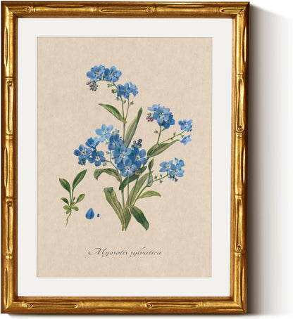 InSimSea Gold Bamboo Framed Canvas Wall Art, Retro Blue Hydrangea Botanical Prints, Antique Flowers Picture Frame with Mat, Victorian Home Wall Decor for Kitchen Living Room Bedroom, 11x14inch
