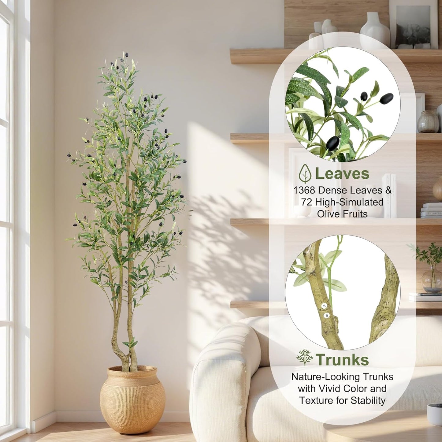 HZXGCP 6ft Artificial Olive Tree Indoor, Fake Olive Tree with White Pot, Faux Olive Tree with Dense Leaves & Realistic Fruits, Tall Artificial Plant for Home Living Room Office Entryway Decor