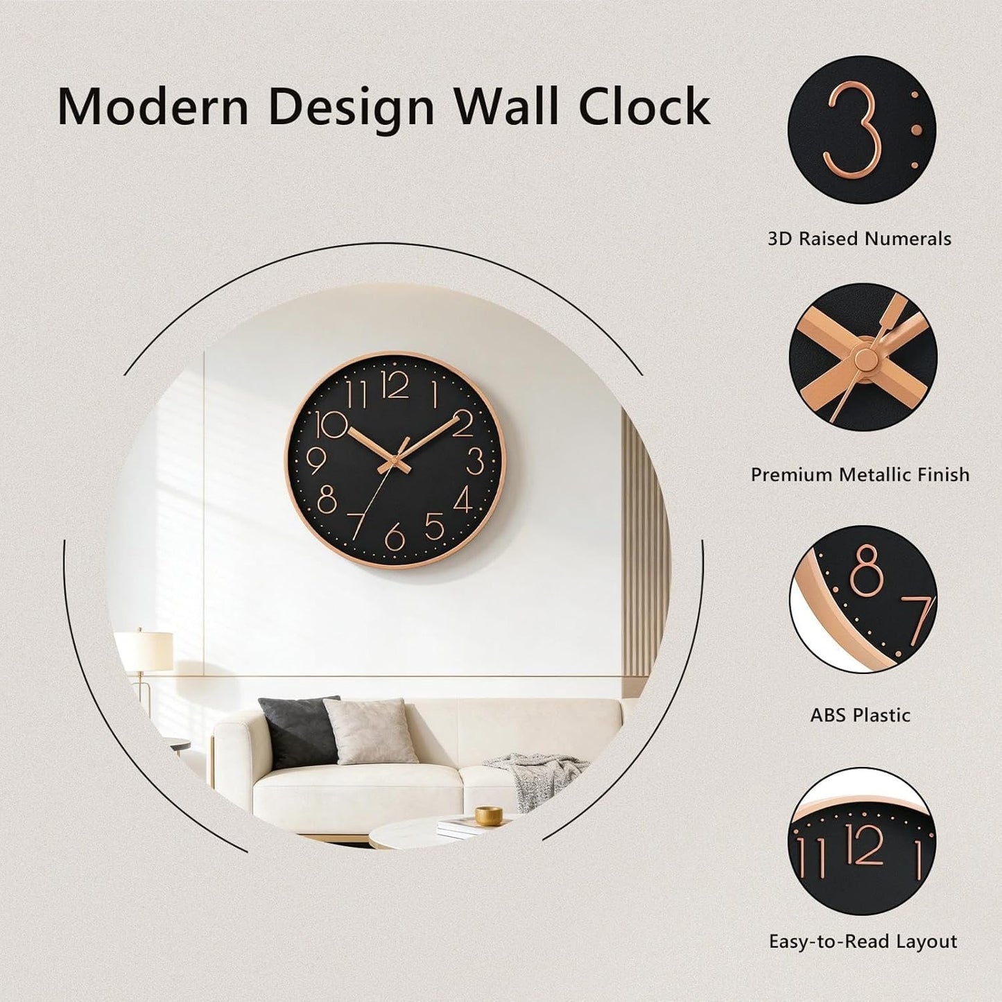 DAXSMY Wall Clock - 8 Inch Silent Non-Ticking Modern 3D Wall Clocks Battery Operated - Decorative Clock for Kitchen, Home Office, Bathroom, Bedroom(Rose Gold)