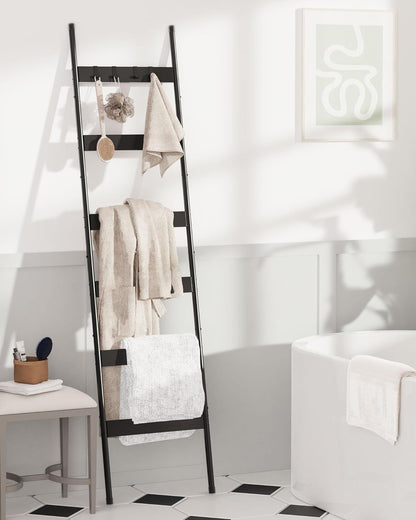 Blanket Ladder, 5-Tier Towel Holder with 4 Removable Hooks, Farmhouse Wall Leaning Decorative Rack Shelf, Wooden Towel Display Rack, Quilt Ladder for Living Room, Bedroom, Rustic Brown